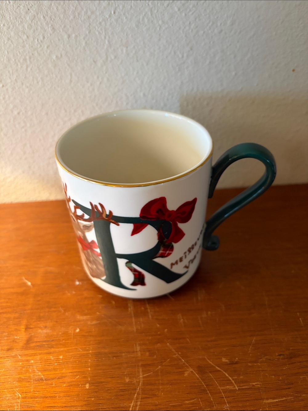Nathalie  Lete Letter R Ceramic Mug in Green and White
